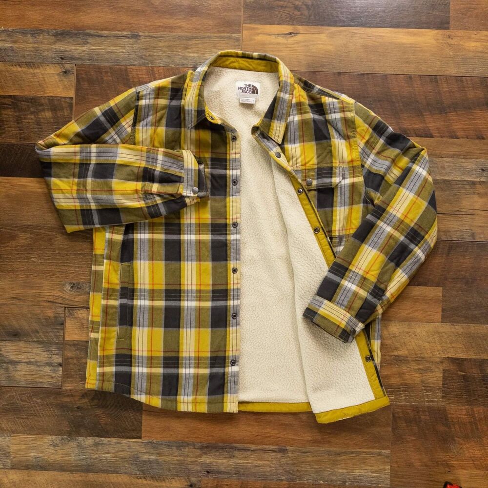North Face Mens Medium Campshire Flannel Shacket Shirt Jacket Sherpa Lined Snap